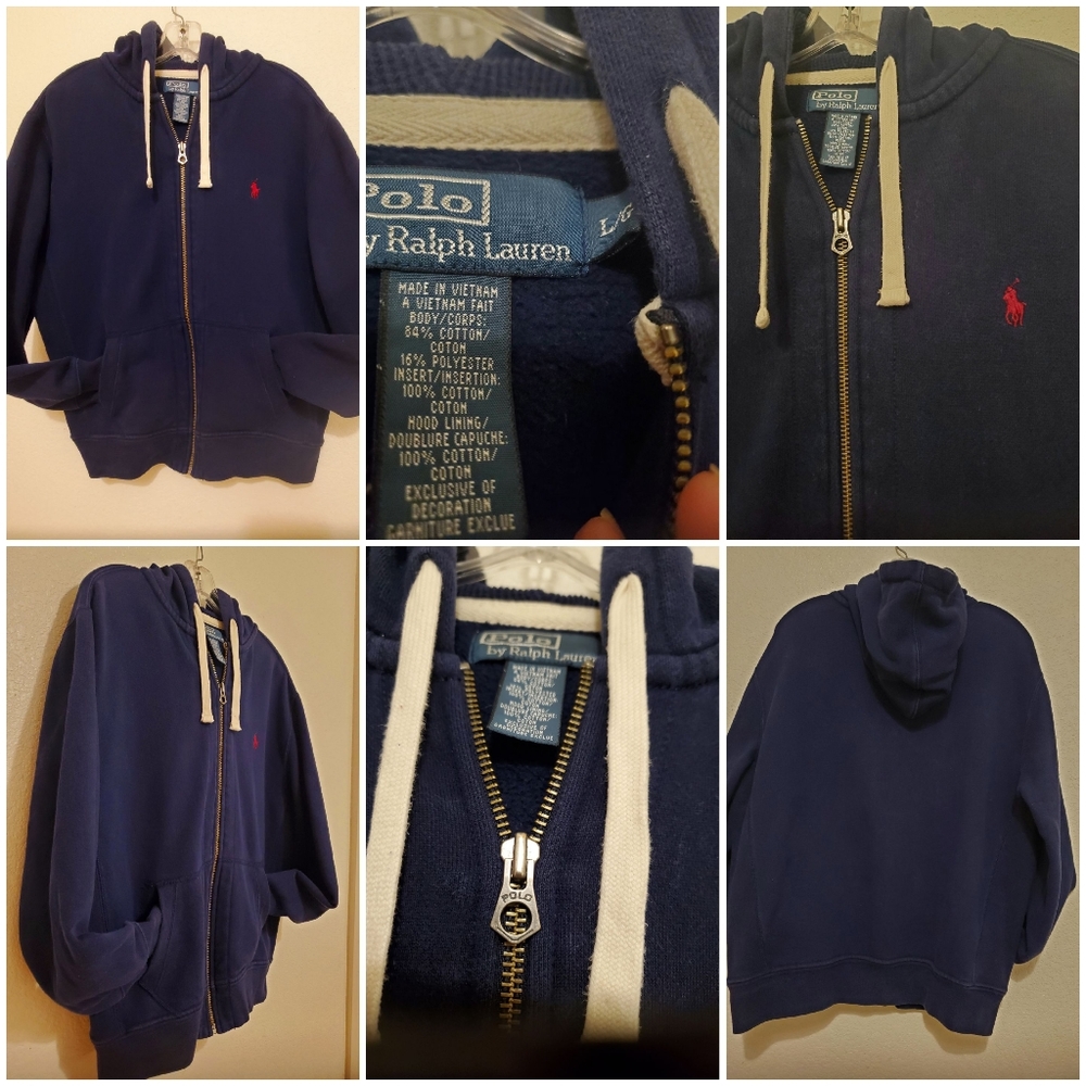 POLO RALPH LAUREN MEN'S SWEATER FULL ZIP HOODIE BLUE HEAVY WEIGHT SWEATS…